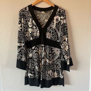 Vintage J.T.B. Black Boho Floral Bell Sleeve Empire Waist Top Women's Size Large